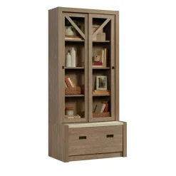 Sauder Dixon City Library 4-Shelf Bookcase With Sliding Doors And Filing Drawer, Brushed Oak/Pebble White