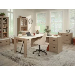 Sauder Dixon City Library 4-Shelf Bookcase With Sliding Doors And Filing Drawer, Brushed Oak/Pebble White