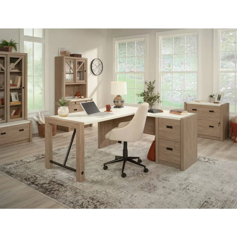 Sauder Dixon City Library 4-Shelf Bookcase With Sliding Doors And Filing Drawer, Brushed Oak/Pebble White