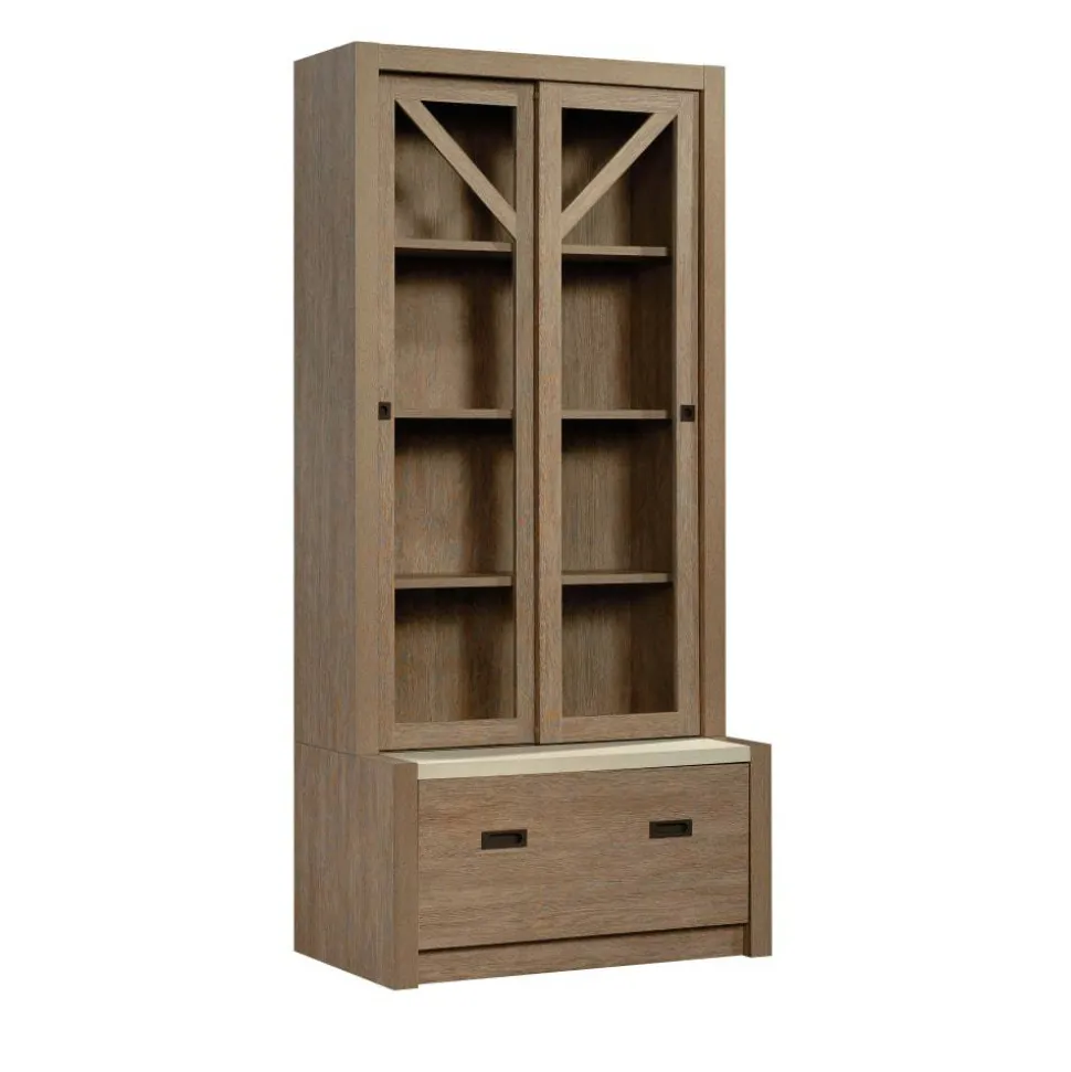 Sauder Dixon City Library 4-Shelf Bookcase With Sliding Doors And Filing Drawer, Brushed Oak/Pebble White