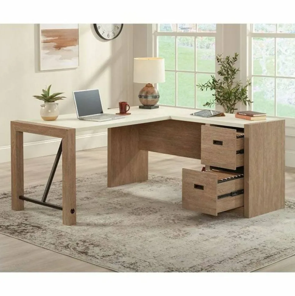 Sauder Dixon City 66"W L-Shaped Computer Desk With Drawers, Brushed Oak/Pebble White