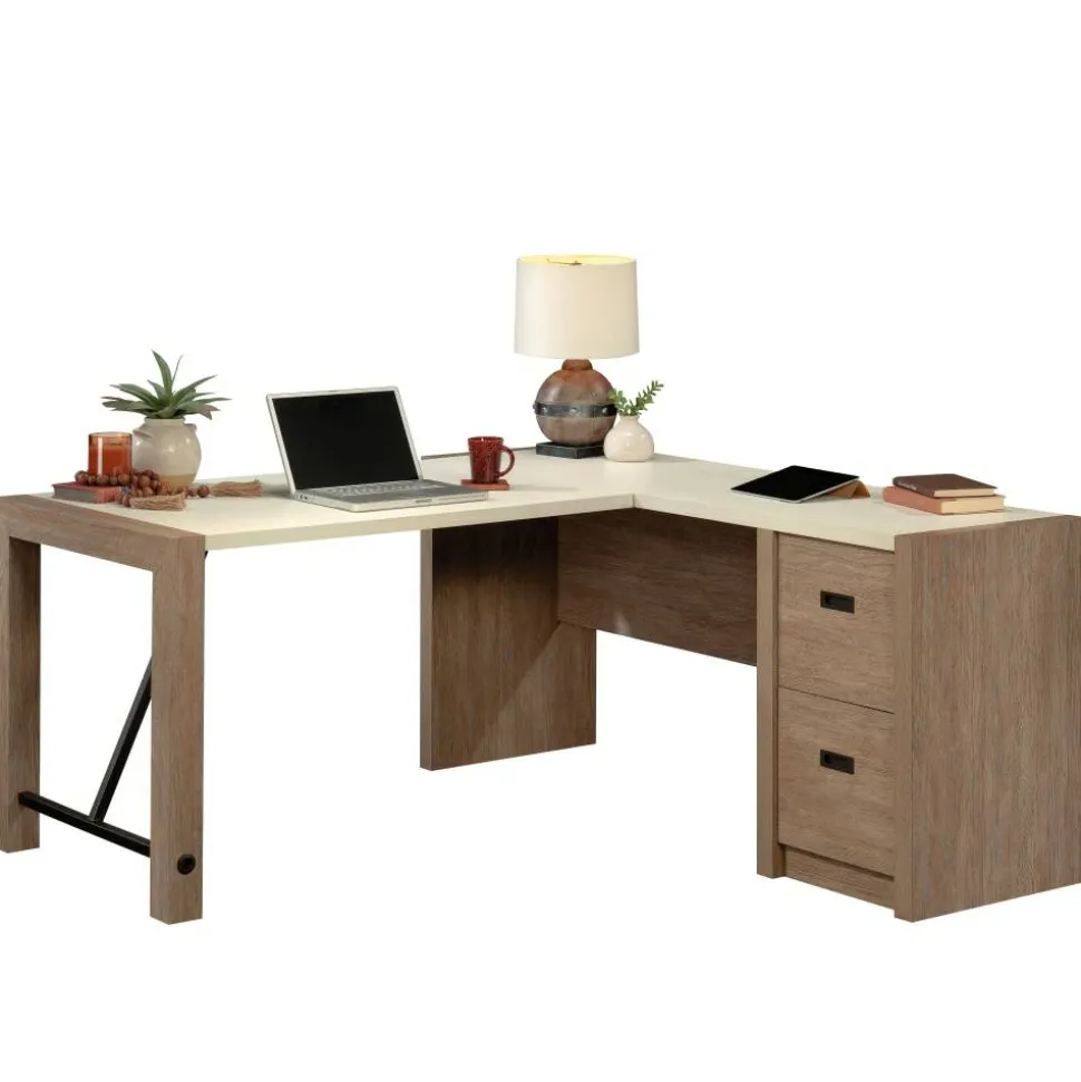 Sauder Dixon City 66"W L-Shaped Computer Desk With Drawers, Brushed Oak/Pebble White