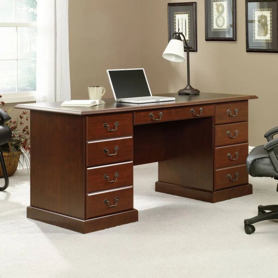 Sauder Heritage Hill 65"W Double-Pedestal Writing Desk, Classic Cherry