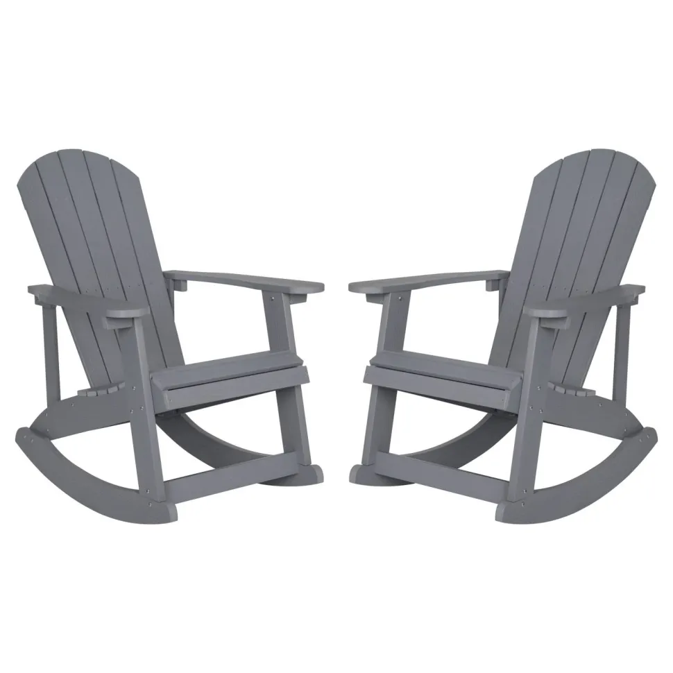 Savannah Commercial Grade All-Weather Poly Resin Wood Adirondack Rocking Chair with Rust Resistant Stainless Steel Hardware in Gray - Set of 2