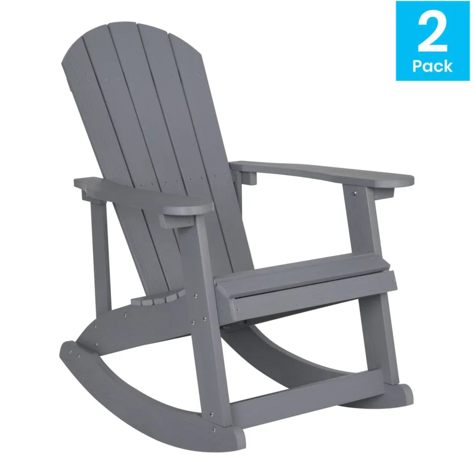 Savannah Commercial Grade All-Weather Poly Resin Wood Adirondack Rocking Chair with Rust Resistant Stainless Steel Hardware in Gray - Set of 2