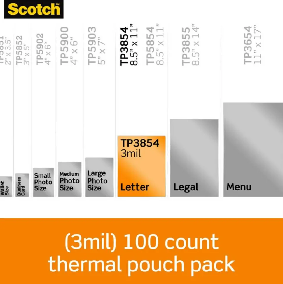 Scotch Thermal Laminating Pouches, 8.9" x 11.4", 100 Laminating Sheets, 3 mil., Fits Letter Size, 100/Pack