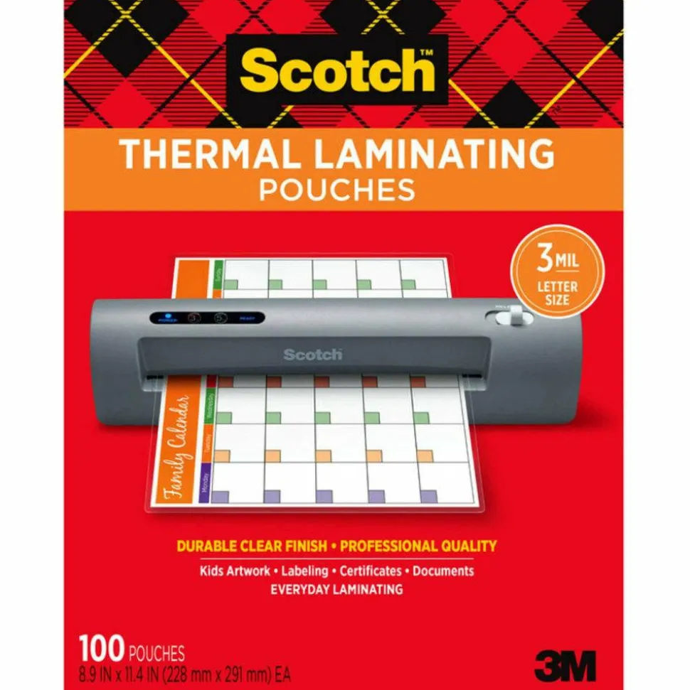 Scotch Thermal Laminating Pouches, 8.9" x 11.4", 100 Laminating Sheets, 3 mil., Fits Letter Size, 100/Pack