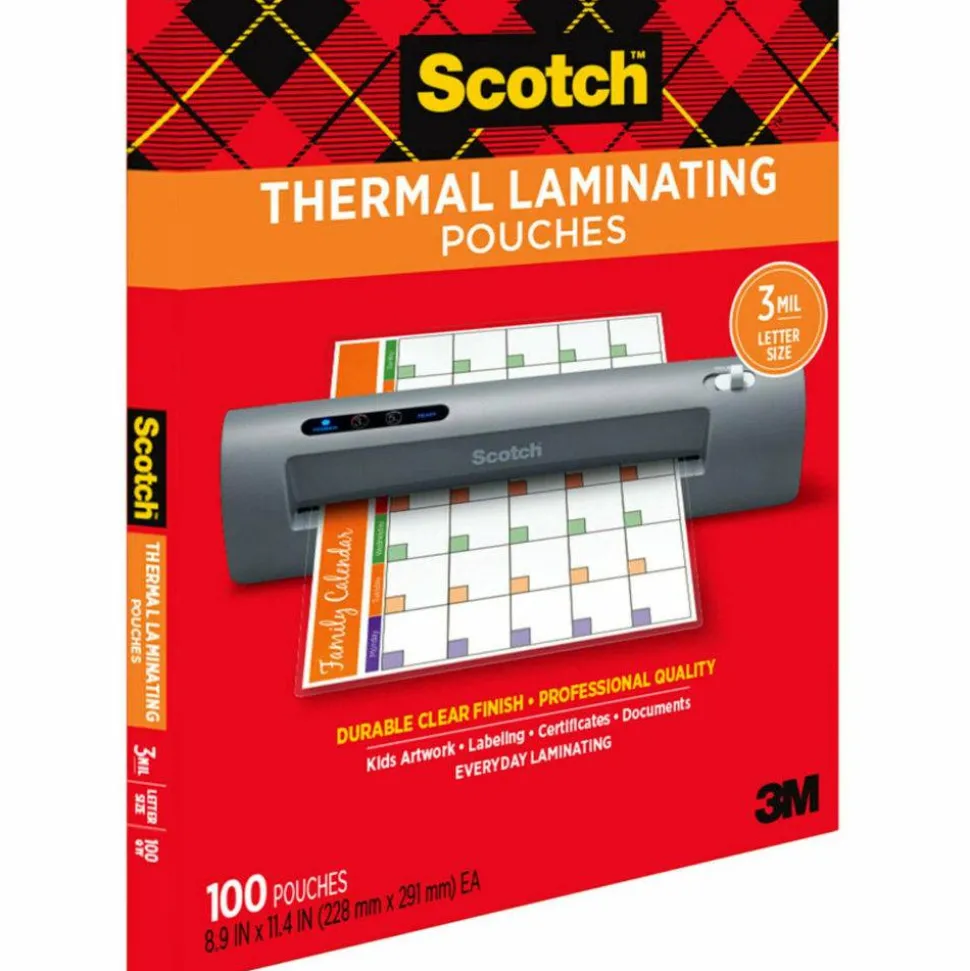 Scotch Thermal Laminating Pouches, 8.9" x 11.4", 100 Laminating Sheets, 3 mil., Fits Letter Size, 100/Pack