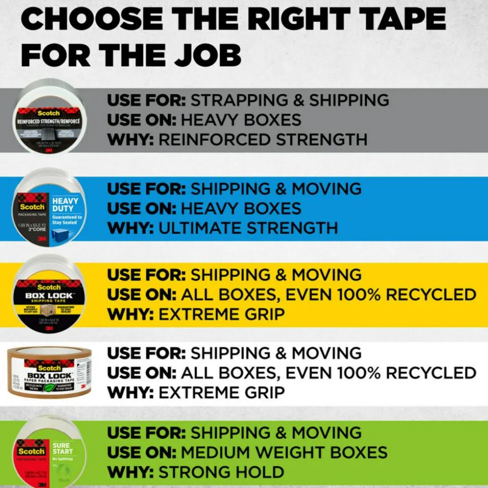 Scotch Box Lock Paper Packing Tape, 8 Tape Rolls, 1.88 in x 25 yd, 3" Core, Extreme Grip Moving Tape, Brown