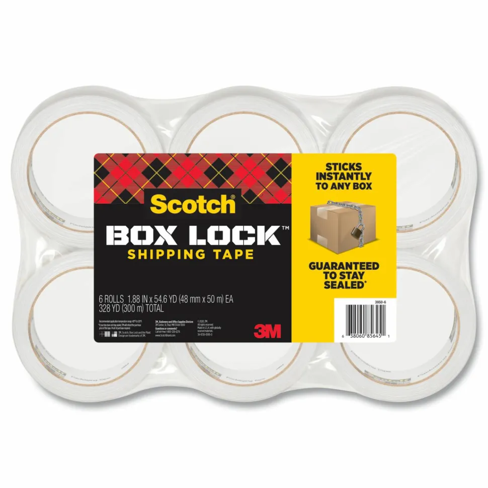 Scotch Box Lock Shipping Packaging Tape, 3" Core, 1.88" x 54.6 yds, Clear, 6/Pack
