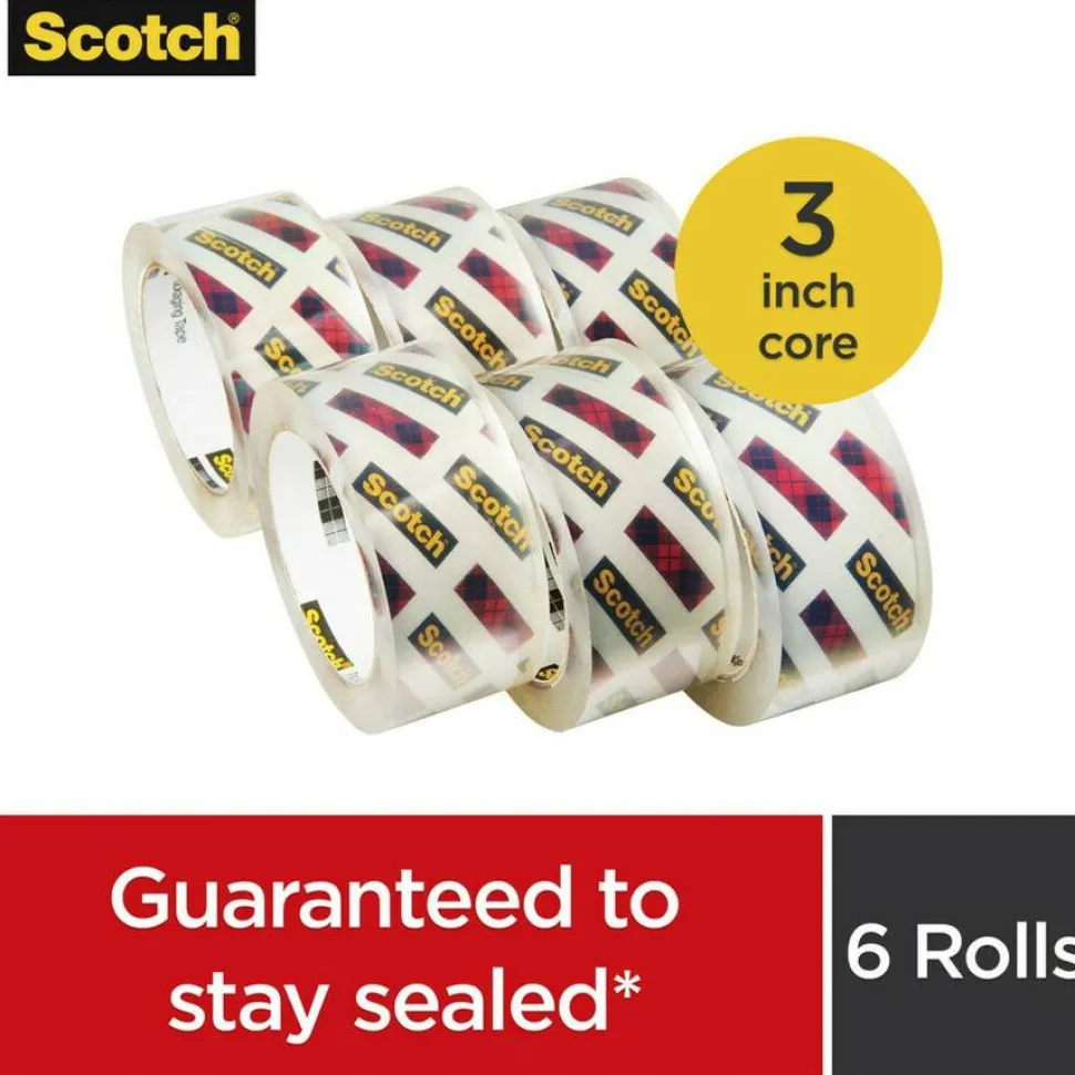 Scotch Box Lock Shipping Packaging Tape, 3" Core, 1.88" x 54.6 yds, Clear, 6/Pack