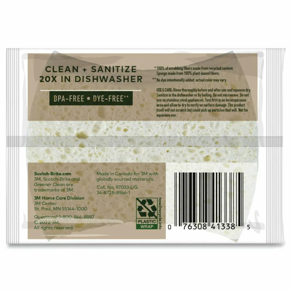 Scotch-Brite Greener Clean Non-Scratch Scrub Sponge, 2.6 x 3.3, 0.7" Thick, White, 3/Pack