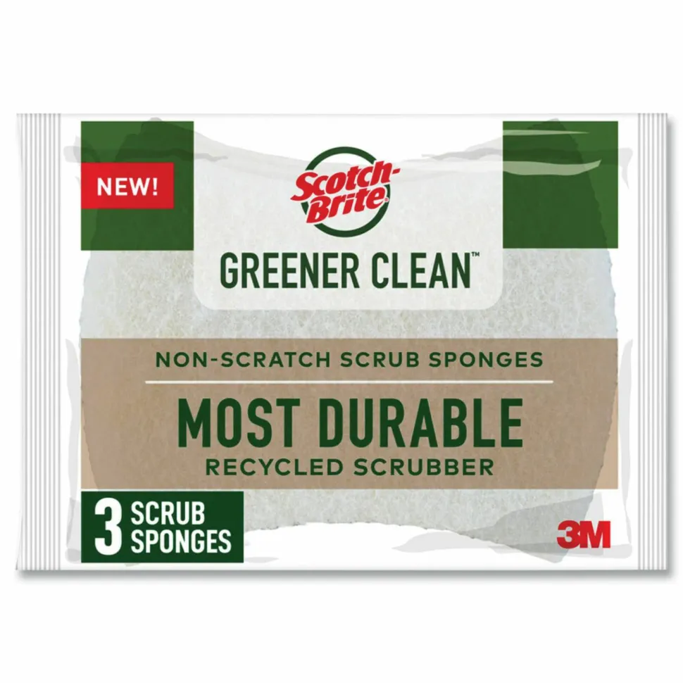 Scotch-Brite Greener Clean Non-Scratch Scrub Sponge, 2.6 x 3.3, 0.7" Thick, White, 3/Pack