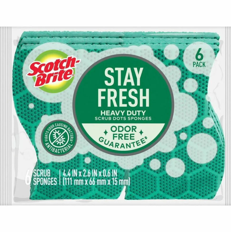 Scotch-Brite Scrub Dots Heavy-duty Scrub Sponge, 2.5"H x 6.2"W x 4.7"D, 6 Pack, 4 / Carton, Green