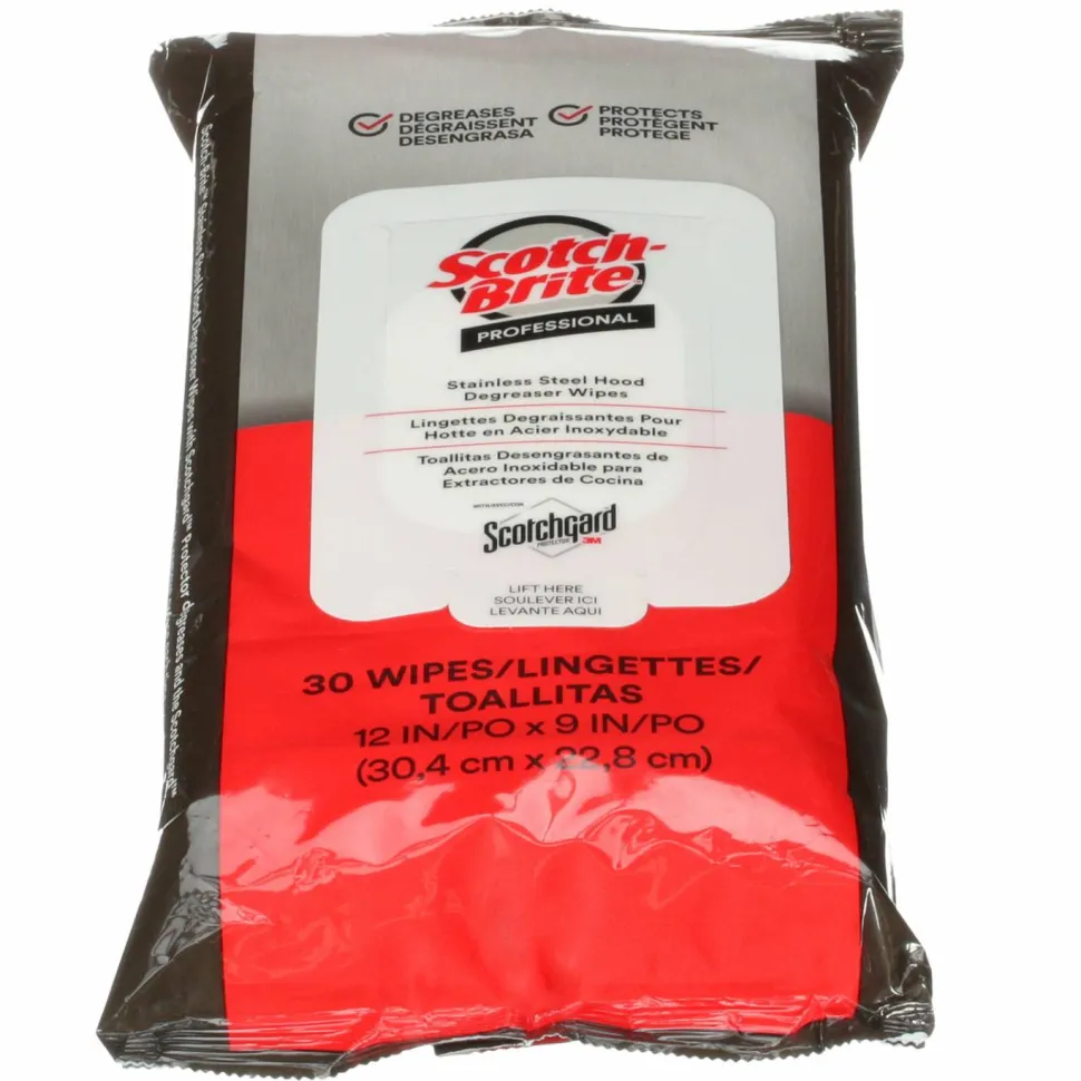 Scotch-Brite Stainless Steel Hood Degreaser Wipes, 1-Ply, 9 x 12, Unscented, White, 30 Wipes/Pack, 6 Packs/Carton