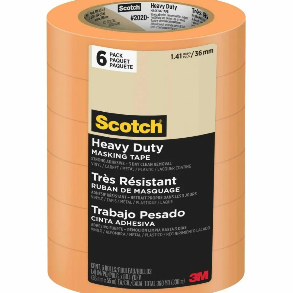 Scotch Contractor Grade Masking Tape, Removable, 6 Tape Rolls, 1.41 in x 60.1 yd, 3" Core, White