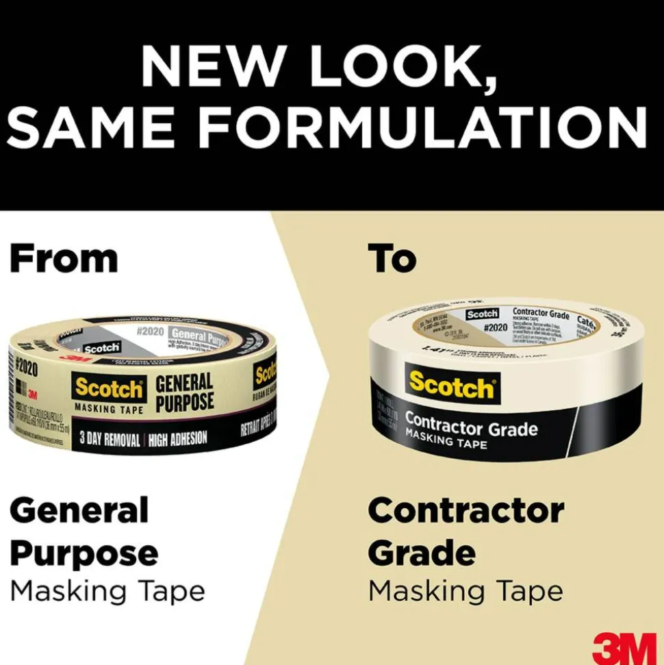Scotch Contractor Grade Masking Tape, Removable, 6 Tape Rolls, 1.41 in x 60.1 yd, 3" Core, White