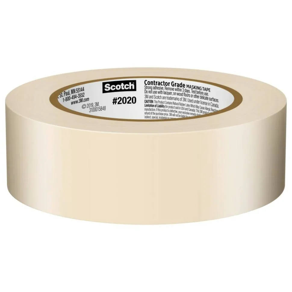 Scotch Contractor Grade Masking Tape, Removable, 6 Tape Rolls, 1.41 in x 60.1 yd, 3" Core, White