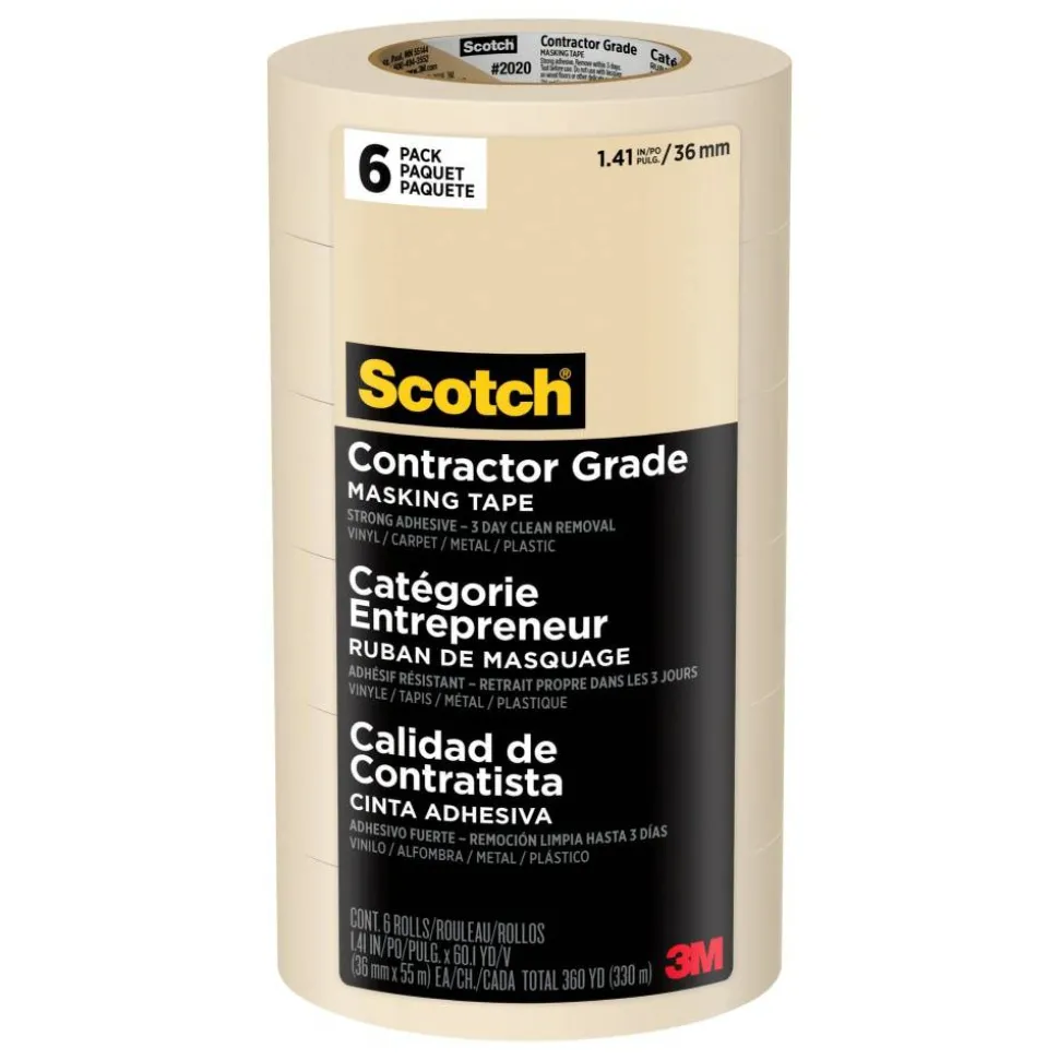 Scotch Contractor Grade Masking Tape, Removable, 6 Tape Rolls, 1.41 in x 60.1 yd, 3" Core, White