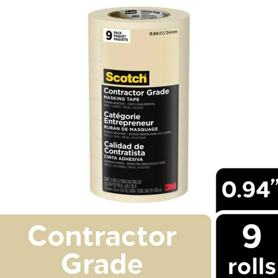 Scotch Contractor Grade Masking Tape, Removable, 9 Tape Rolls, 0.94 in x 60.1 yd, 3" Core, White
