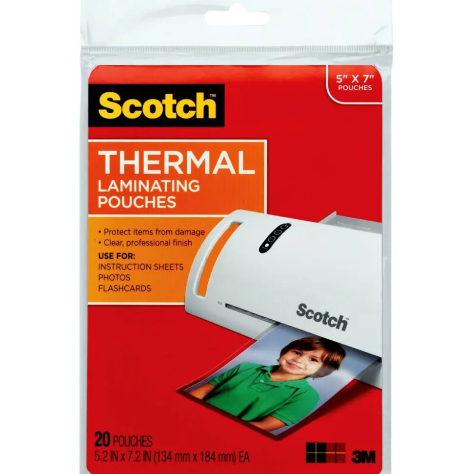 Scotch Front & Back Thermal Laminating Pouches TP5903-20, Glossy, 5.20" x 7.20", 5 mil Thick, Clear, Box Of 20 Laminating Sheets