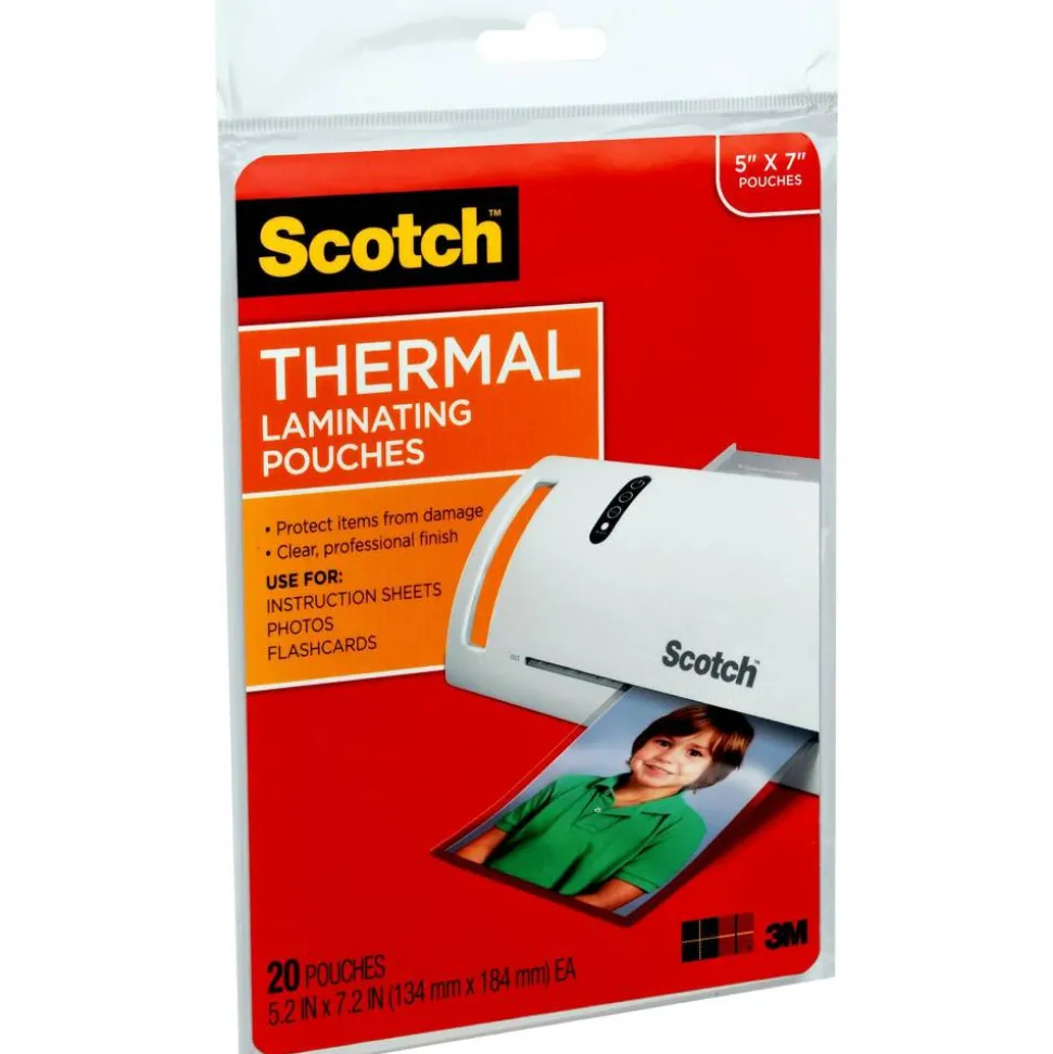 Scotch Front & Back Thermal Laminating Pouches TP5903-20, Glossy, 5.20" x 7.20", 5 mil Thick, Clear, Box Of 20 Laminating Sheets