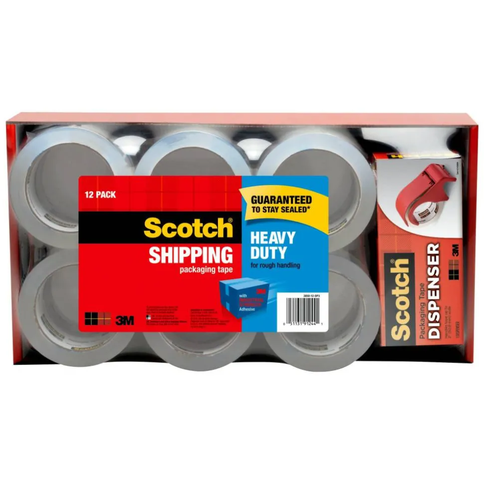 Scotch Heavy Duty Shipping Packing Tape, 12 Tape Rolls with 1 Dispenser, 1 7/8x 54.6 yd, 1" Core, Designed - 385012BD