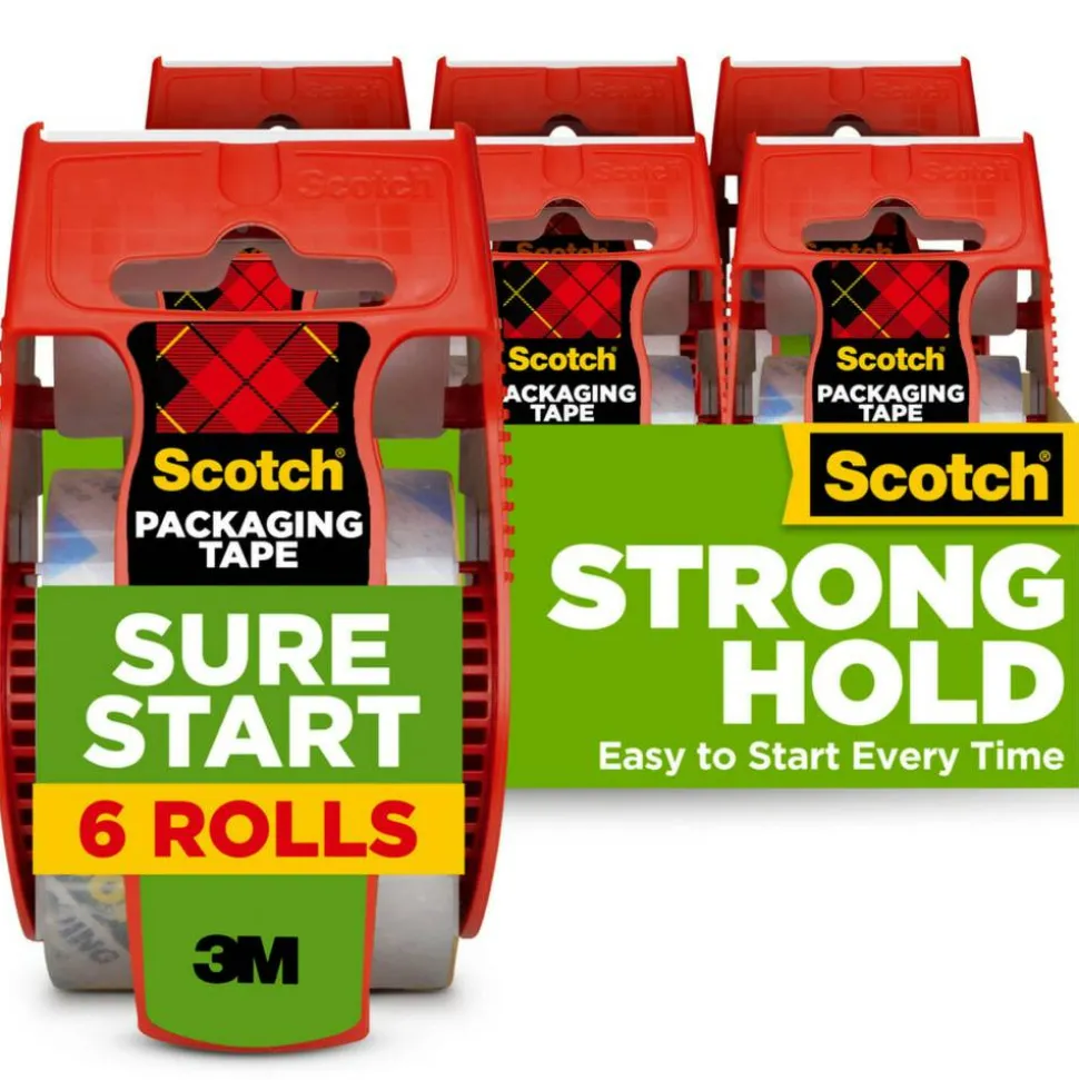 Scotch Sure Start Shipping Tape, 6 Tape Rolls with Dispensers, 1 7/8 in x 22.2 yd, 1.5" Core, Designed - 1456