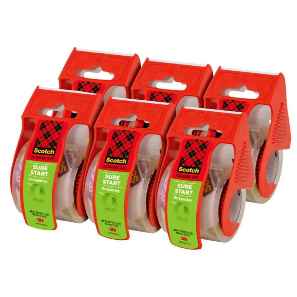 Scotch Sure Start Shipping Tape, 6 Tape Rolls with Dispensers, 1 7/8 in x 22.2 yd, 1.5" Core, Designed - 1456