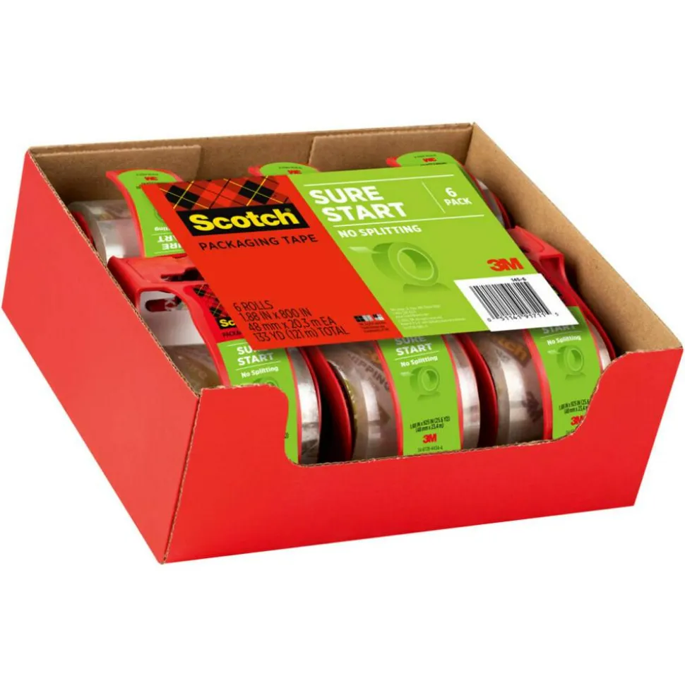 Scotch Sure Start Shipping Tape, 6 Tape Rolls with Dispensers, 1 7/8 in x 22.2 yd, 1.5" Core, Designed - 1456