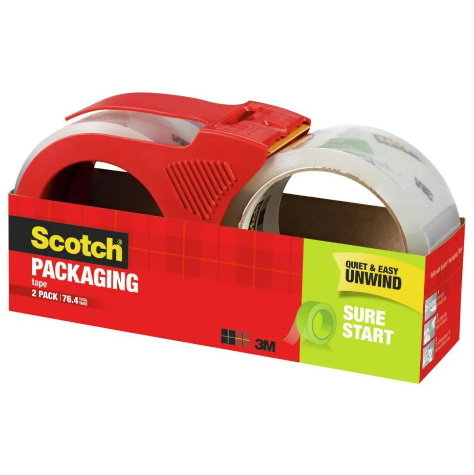 Scotch Sure Start Shipping Tape With Dispenser, 1-7/8" x 38.2 Yd., Clear, Pack Of 2 Tapes