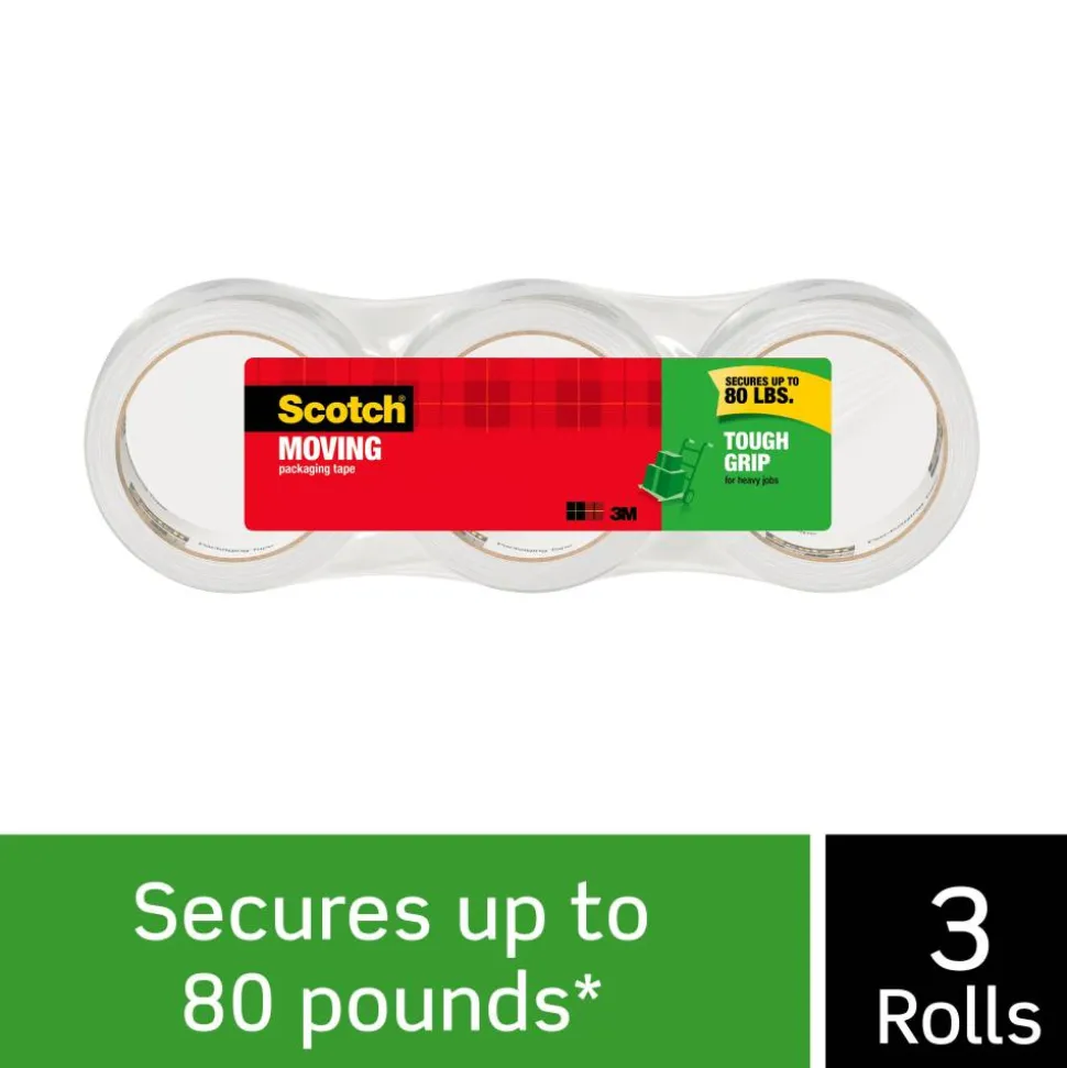 Scotch Tough Grip Moving Packing Tape, 1.88" x 43.7 Yd., Clear, Pack Of 3