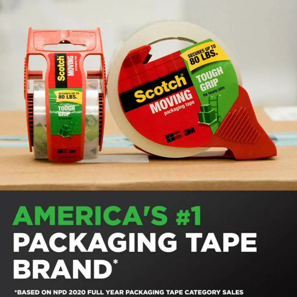 Scotch Tough Grip Moving Packing Tape, 1.88" x 43.7 Yd., Clear, Pack Of 3