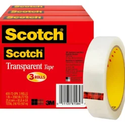 Scotch Transparent Tape, 1 in x 2592 in, 3 Tape Rolls, Clear, School Supplies and College Essentials for Students and Teachers