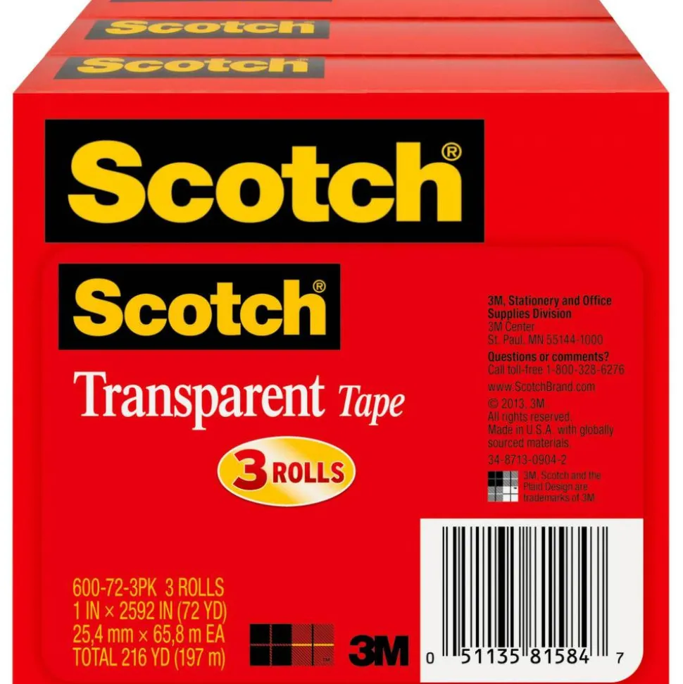Scotch Transparent Tape, 1 in x 2592 in, 3 Tape Rolls, Clear, School Supplies and College Essentials for Students and Teachers