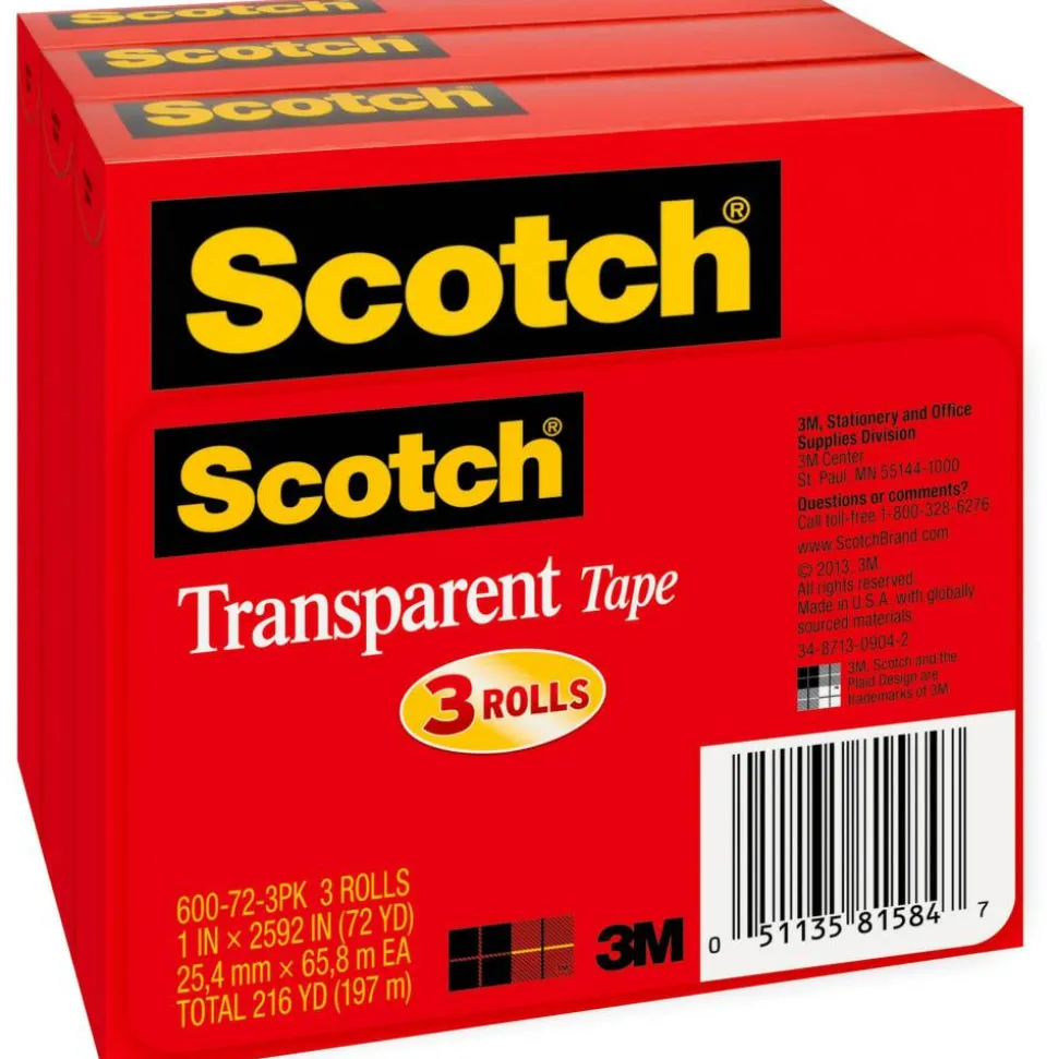 Scotch Transparent Tape, 1 in x 2592 in, 3 Tape Rolls, Clear, School Supplies and College Essentials for Students and Teachers