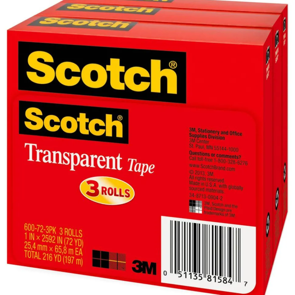 Scotch Transparent Tape, 1 in x 2592 in, 3 Tape Rolls, Clear, School Supplies and College Essentials for Students and Teachers