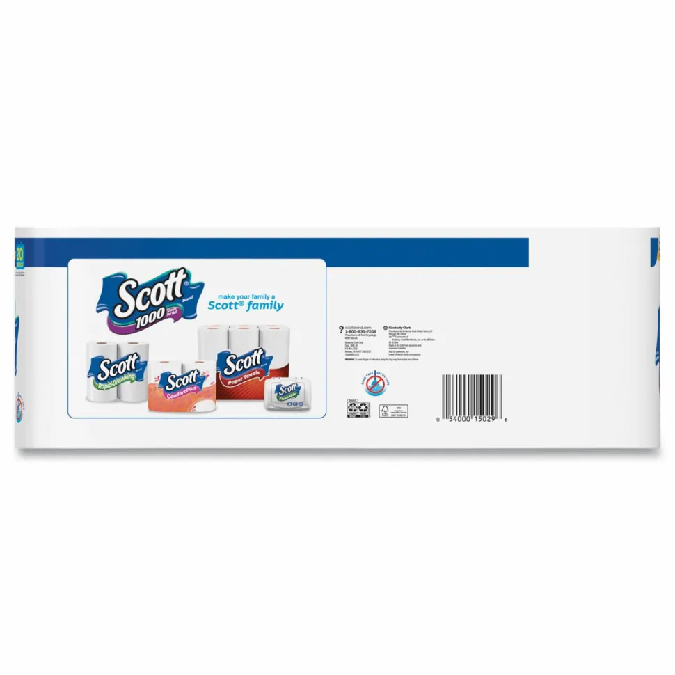 Scott 1000 Bathroom Tissue, Septic Safe, 1-Ply, White, 1,000 Sheets/Roll, 20 Rolls/Pack