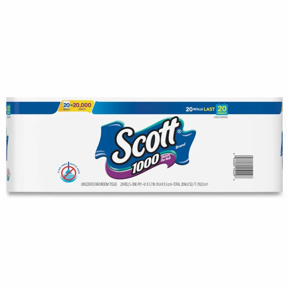 Scott 1000 Bathroom Tissue, Septic Safe, 1-Ply, White, 1,000 Sheets/Roll, 20 Rolls/Pack