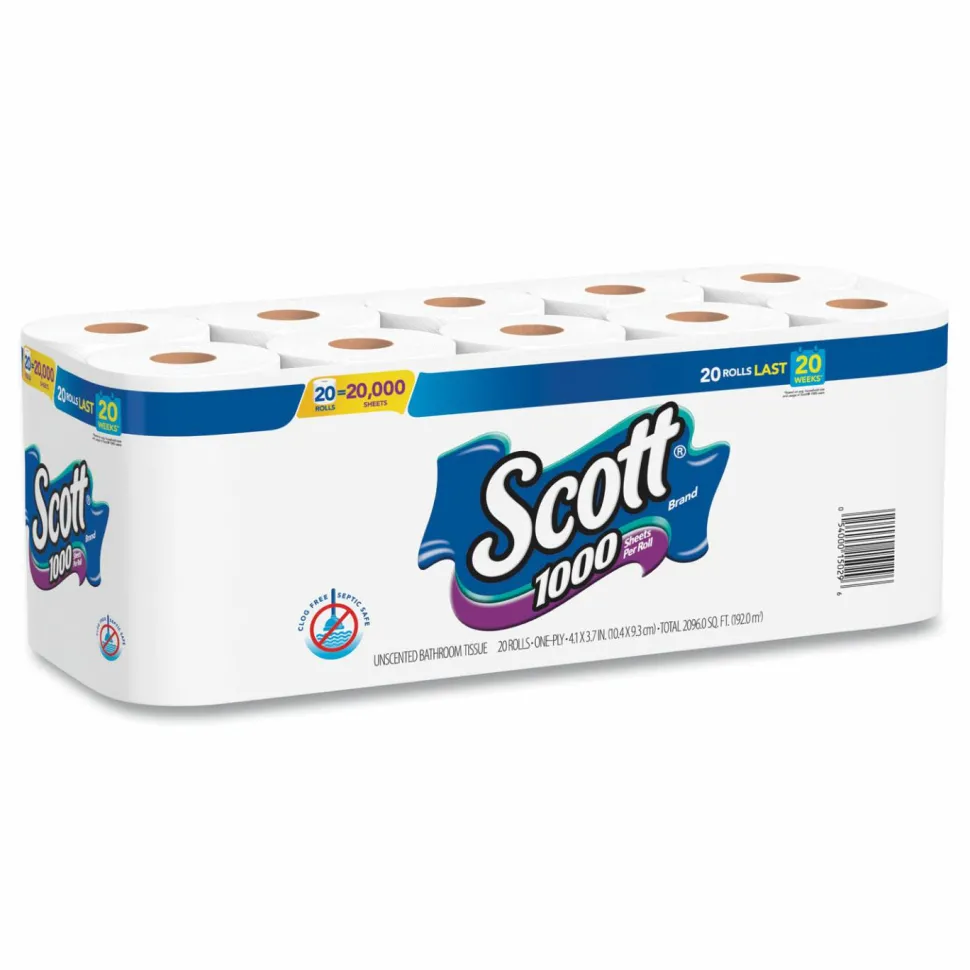 Scott 1000 Bathroom Tissue, Septic Safe, 1-Ply, White, 1,000 Sheets/Roll, 20 Rolls/Pack