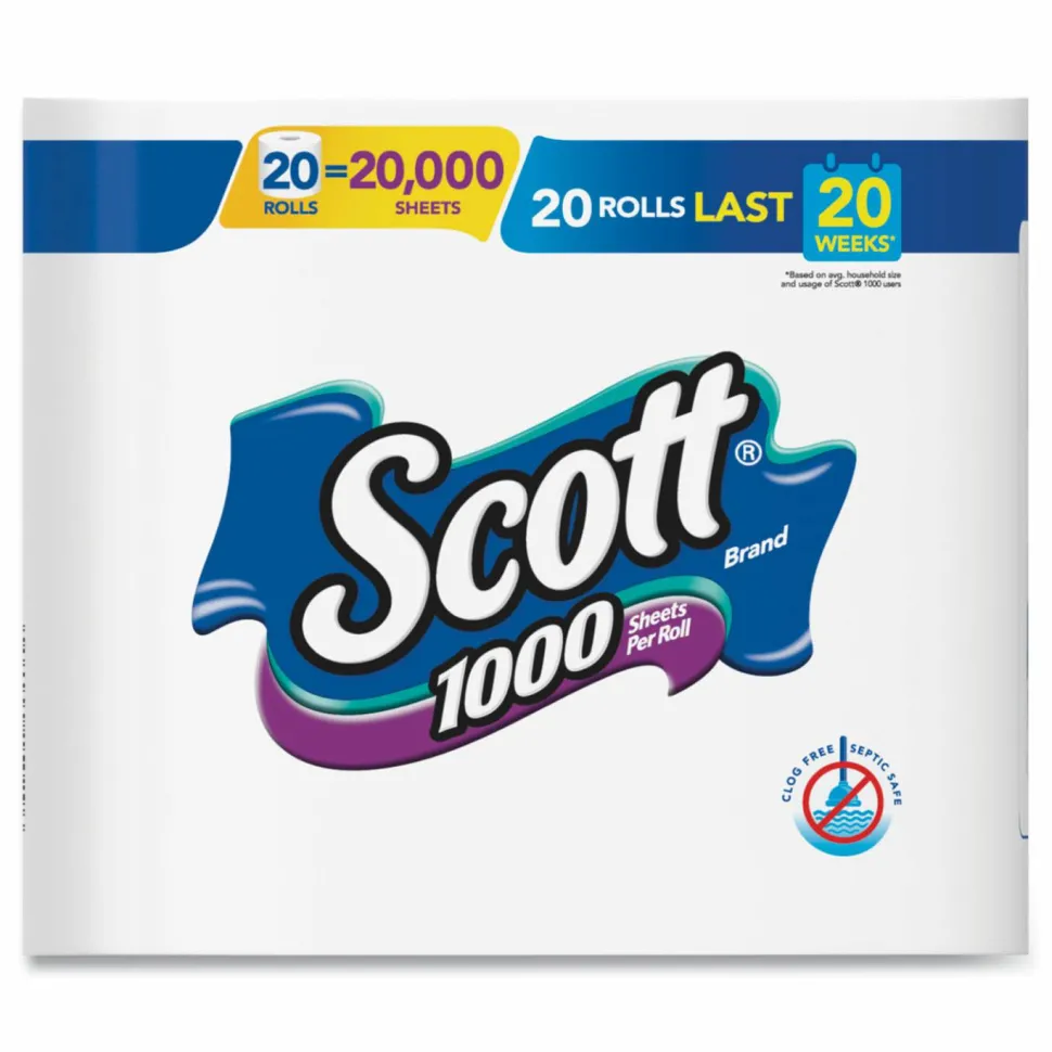 Scott 1000 Bathroom Tissue, Septic Safe, 1-Ply, White, 1,000 Sheets/Roll, 20 Rolls/Pack