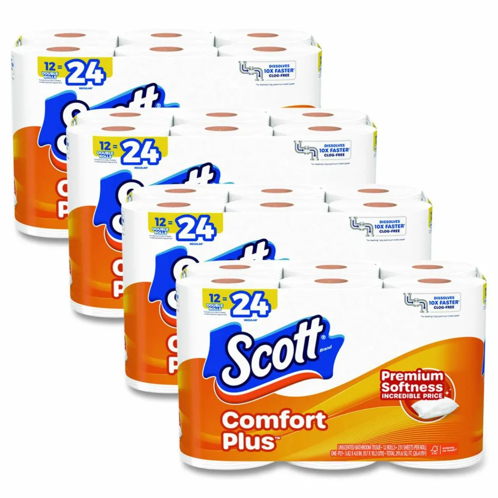 Scott ComfortPlus Toilet Paper, Double Roll, Bath Tissue, Septic Safe, 1-Ply, White, 231 Sheets/Roll, 12 Rolls/Pack, 4 Packs/Carton