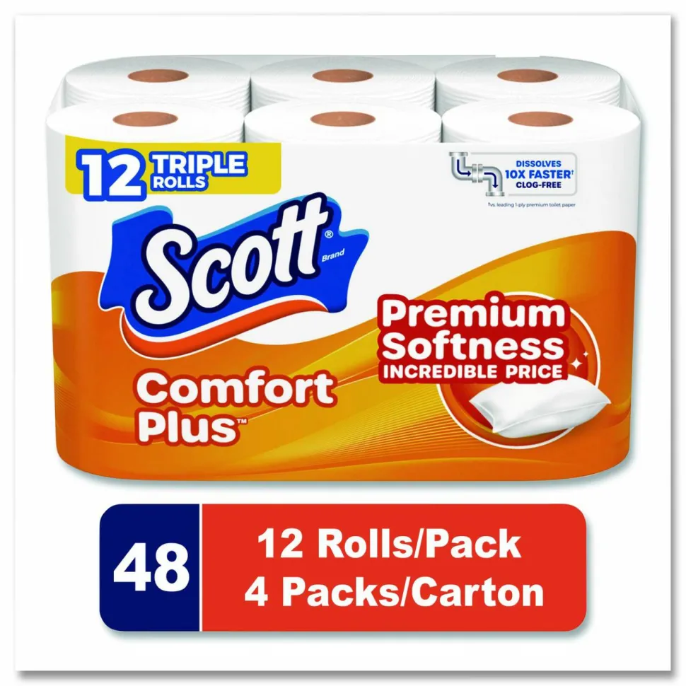 Scott ComfortPlus Toilet Paper, Double Roll, Bath Tissue, Septic Safe, 1-Ply, White, 231 Sheets/Roll, 12 Rolls/Pack, 4 Packs/Carton