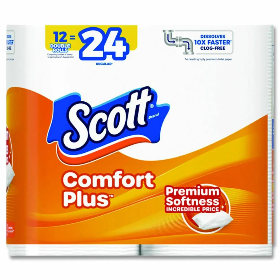 Scott ComfortPlus Toilet Paper, Double Roll, Bath Tissue, Septic Safe, 1-Ply, White, 231 Sheets/Roll, 12 Rolls/Pack, 4 Packs/Carton