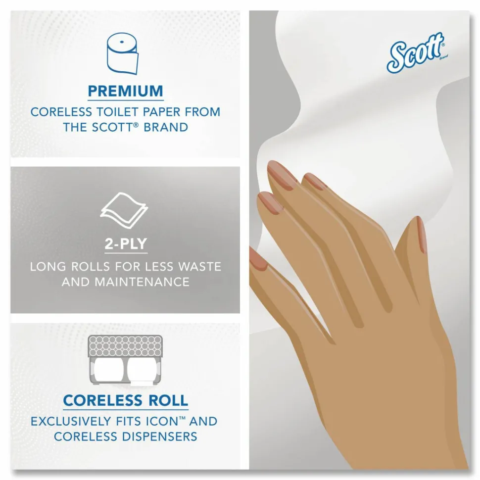 Scott Essential Coreless 2-Ply Toilet Paper, 65% Recycled, 1000 Sheets Per Roll, Pack Of 36 Rolls