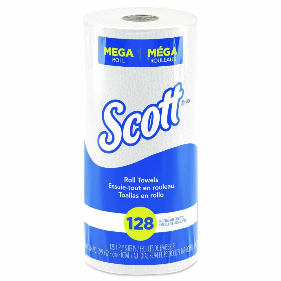 Scott Kitchen Paper Towels, Fast-Drying Absorbency Pockets, 1-Ply, 80% Recycled, 128 Sheets Per Roll, Pack Of 20 Rolls