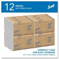 Scott Multi-Fold Towels, Absorbency Pockets, 1-Ply, 9.2 x 9.4, White, 250 Sheets/Pack, 12 Packs/Carton