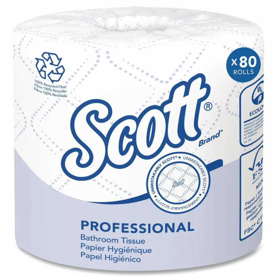 Scott Professional 100% Recycled Fiber Standard Toilet Paper, Elevated Design, 2-Ply, Individually Wrapped, 473 Sheets Per Roll, Pack Of 80 Rolls