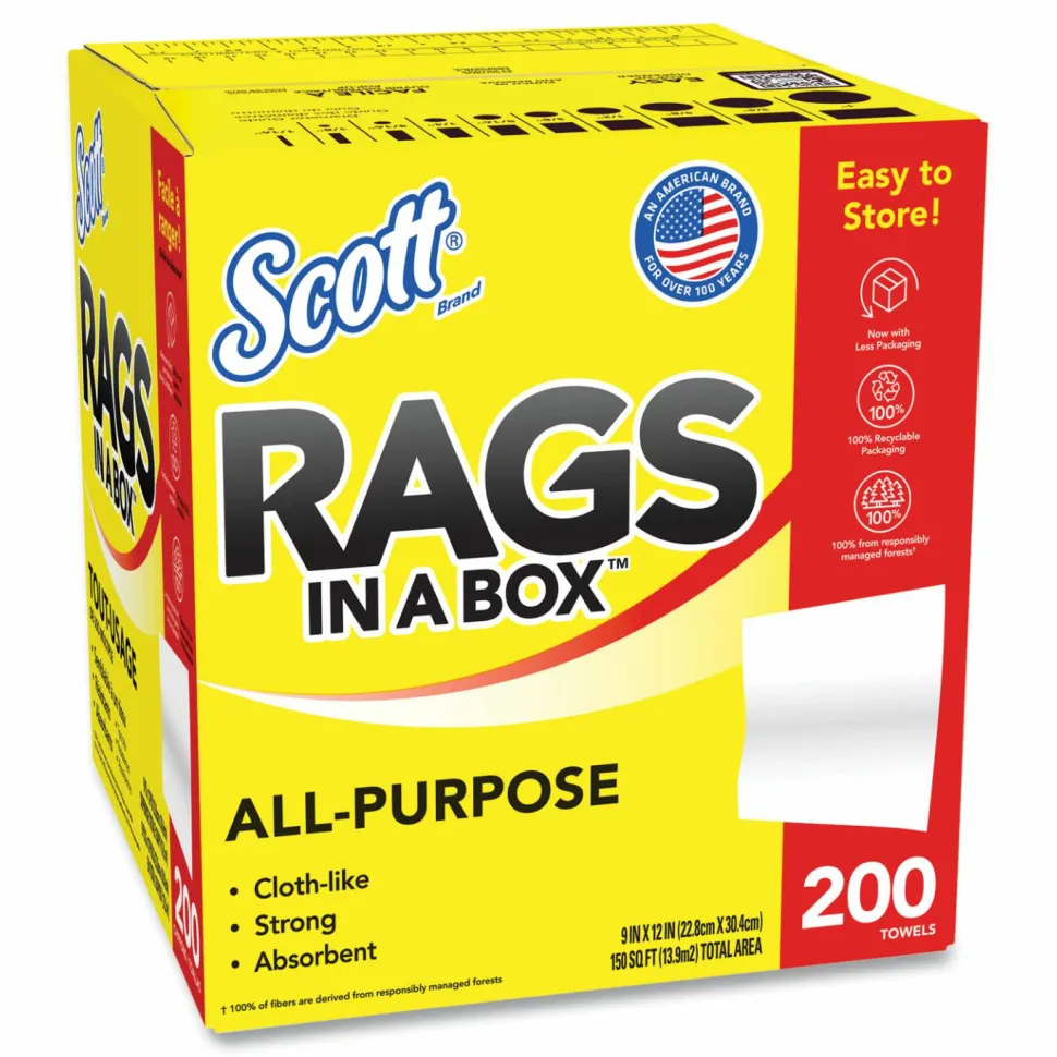 Scott Rags In A Box, 9" x 12" Sheet Size, White, Box Of 200 Rags