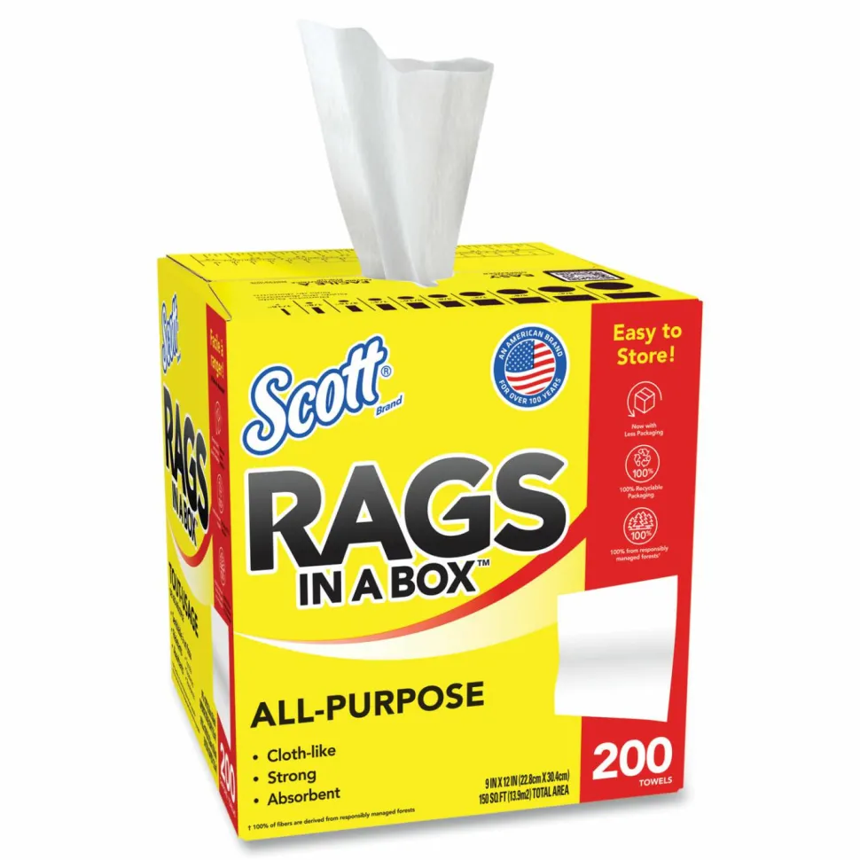 Scott Rags In A Box, 9" x 12" Sheet Size, White, Box Of 200 Rags